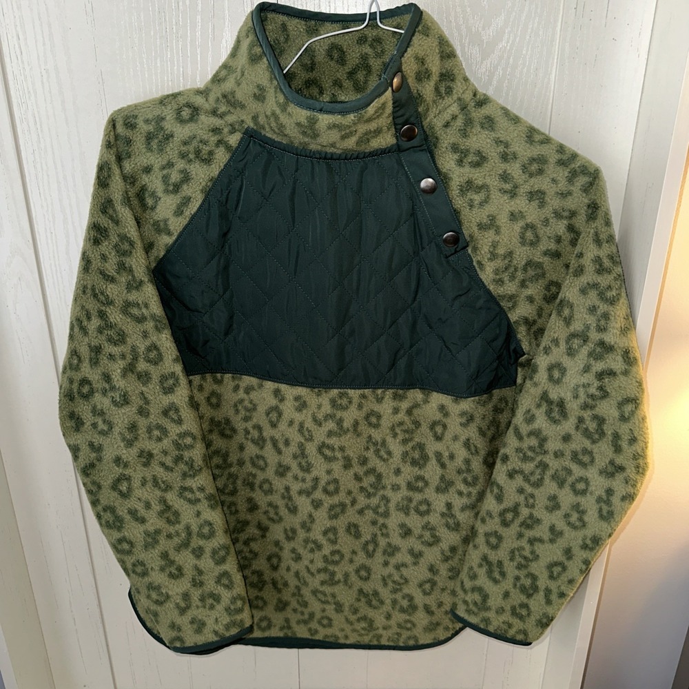 J. Crew Quilted Button-Neck Sherpa Tunic Sz XXS Loden Green Leopard 615 BA200 - Picture 1 of 4